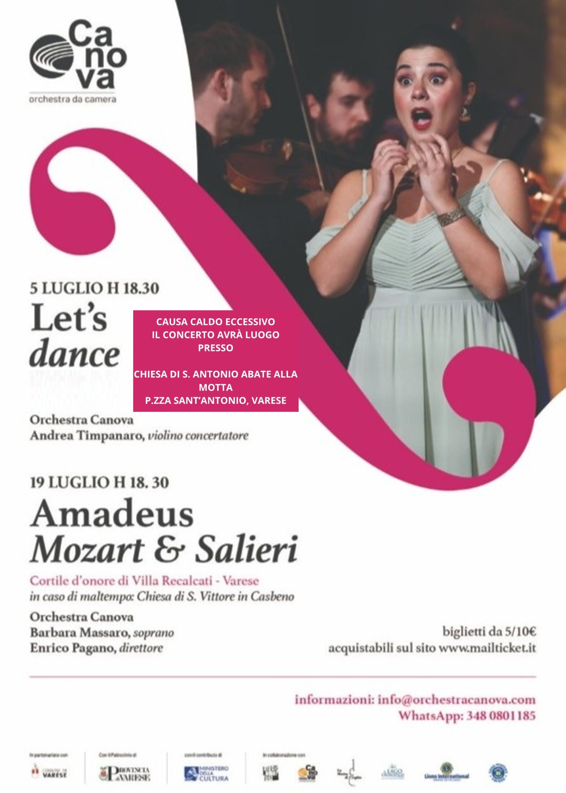 Orchestra Canova – 5 luglio Chiesa Sant’Antonio Abate alla Motta e 19 luglio Villa Recalcati