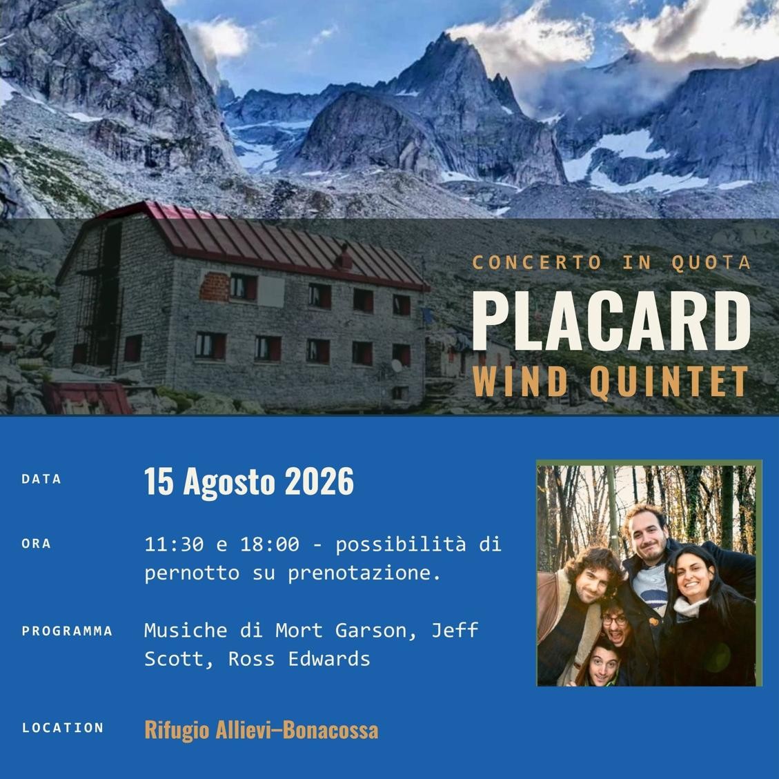 Placard Wind Quintet – Rifugio Allievi Bonacossa Val di Mello